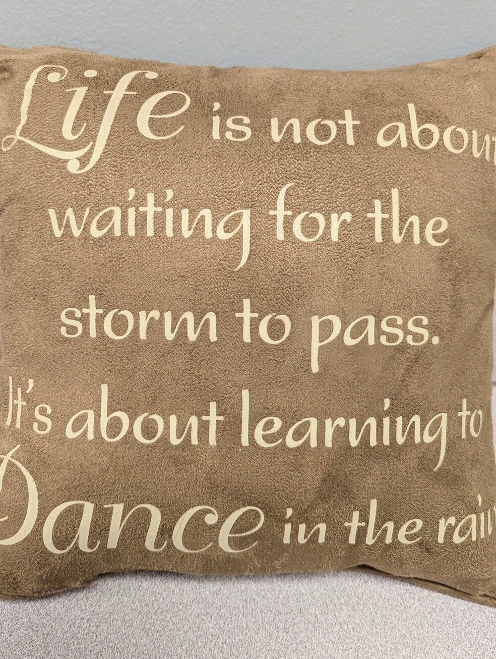 Inspirational Tan Decorative Throw Pillow with Cream Script, 12x12